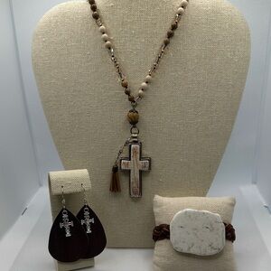 Wooden Cross Pendant Necklace and Earring Set